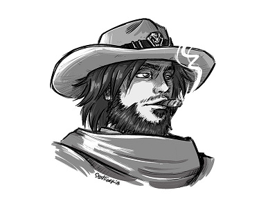 McCree black blizzard brush doodle drawing fanart illustration jesse mccree mccree overwatch photoshop silentiger sketch white