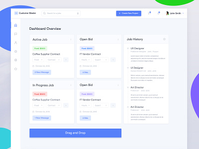 Marketplaces Dashboard Design active job attorneys cryptocurrency dashboard design dashboard overview desktop application in progress job interface design job history marketplace marketplace dashboard design open bid