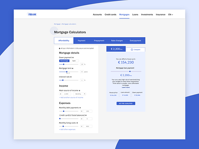 Daily UI #004 - Calculator adobe xd bank blue calculations calculator challenge daily dailyui design expenses income mortgage payday loans payment ui ui ux ui ux design web