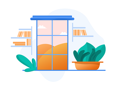 Serenity 2d blue books digital art environment flat flatillustration illustration illustration art orange plant scene style window