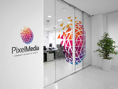 PixelMedia Logo Branding abstract brand branding creative design geometric geometric art gradient graphic graphic design happy logo logo design logotype low poly media mockup mockup design office polyart