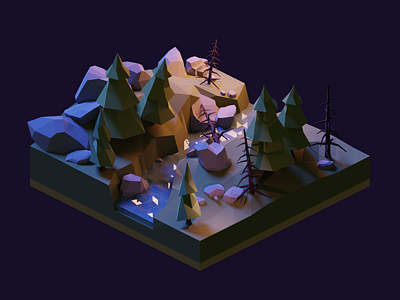 Forest Night Diorama 3d blender design diorama forest illustration isometric lowpoly model moonlight night render rocks trees