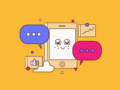 Happy Phone character face flat happy icon illustration like line art minimal phone speech bubble technology thumbs up