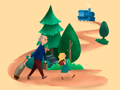 Summer trip) girl grandfather illustration summer train tree trip vector wood