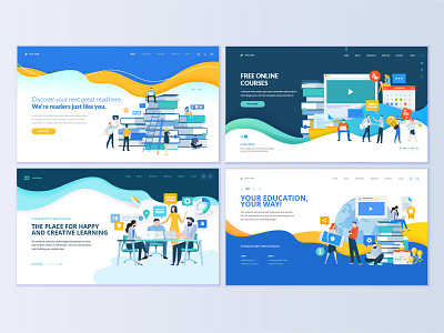 Set of web page design templates for education book course e learning education flat icon illustration interface internet layout logo people school technology template training vector video tutorial web website