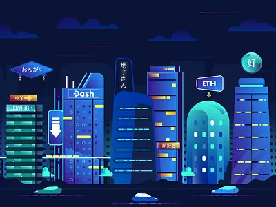 Crypto City 2d bitcoin car city cloud crypto currency future illustration money town