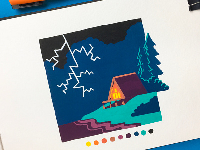 Inktober 2018 - Day 27 - Thunder aframe cabin cozy dark inktober inktober2018 lake lightning molotow posca rain storm thunder tree warm woods