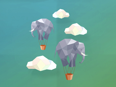 Flying elephants 3d air animals balloons clouds elephants flying gradient hot air balloon illustration polygonal sky surrealist