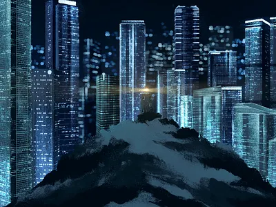 Lighthouse In The City animation background design blue city city lights cold dark glass window gouache illustration industrial light lighthouse modern night view set design