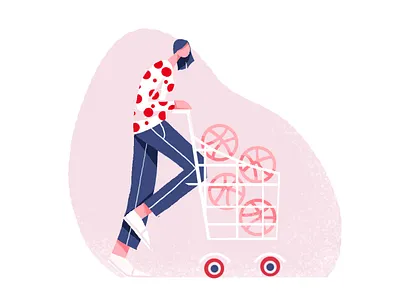 4 Dribbble Invites 2d ball characer design draft dribbble flat girl happy illustration invite shop shopping