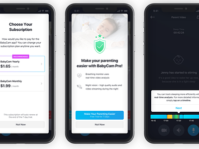 BabyCam - Baby Sleep Monitor - Screens 3 baby monitor interface ios mobile parenting sleeping subscription tracking ui upsell