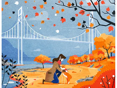 Autumn Walkies architecture autumn bridge corgi design dog fall flat illustration illustrator nature vector