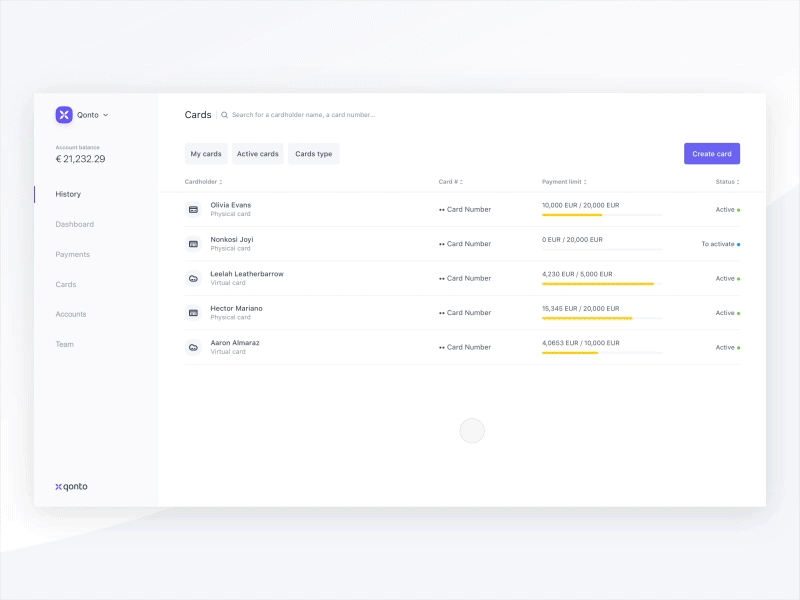 New card creation flow - Exploration animation app bank card creation flow product design table