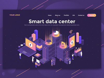 Smart data center landing page 3d artificial intelligence business creative development illustration isometric landing man page people teamwork template ui woman