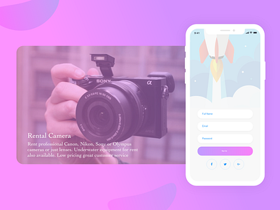 Sign Up Mobile Rental Camera animation app bootstrap 4 branding design flatui front end illustration ios landing page logo mobile sketch app typography ui ux vector web website