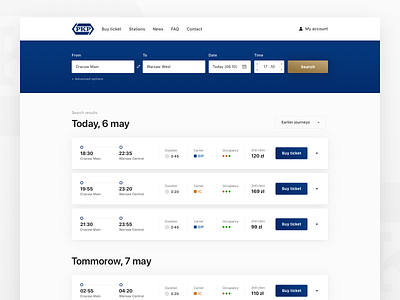 PKP concept - Search results blue carrier grey pkp railways redesign search results tickets train ui ux