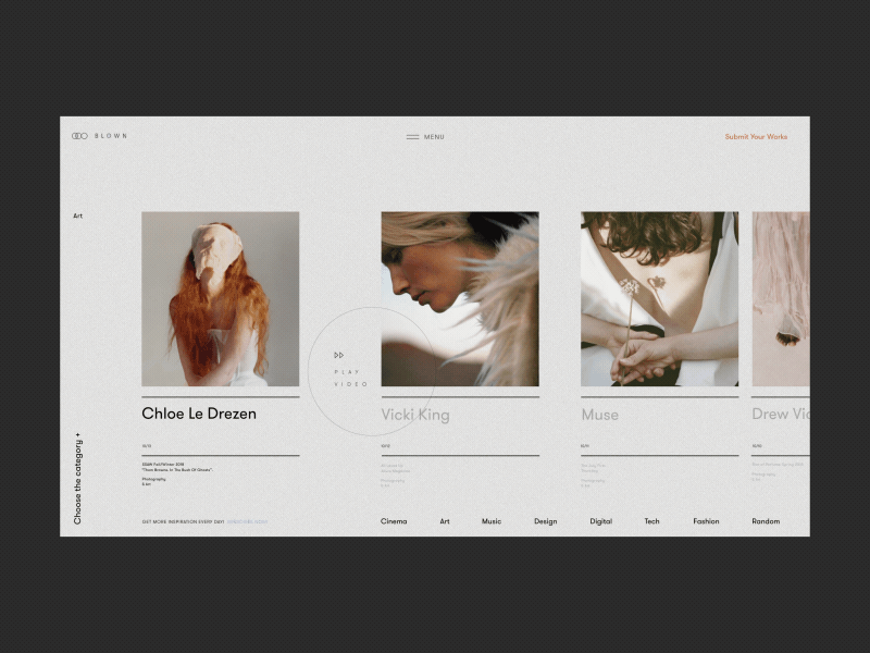 Blown Art Works and News Platform anim animation blog concept design e commerce fashion gif grid homepage interaction interface motion photo promo typography ui ux web website