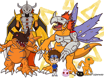 Tai and Team agumon cartoon digimon fanart tai