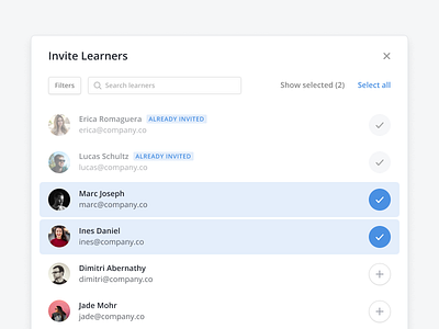 📫 Invite Modal blue clean dashboard design invitation invite learning list modal people popover search simple ui ux