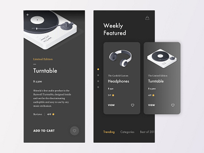 E-commerce app Interface app clean cuberto dark dark background dark theme design dribbble ecommerce headphones mobile app music retro shop techno technology turntable typography ui ux