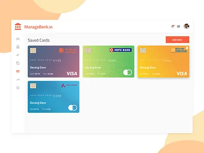 Managebank.In Saved Cards add new app art bank account bank card banking banking app branding card deck cards credit card debit card design illustration saved cards typography ui user inteface ux vector