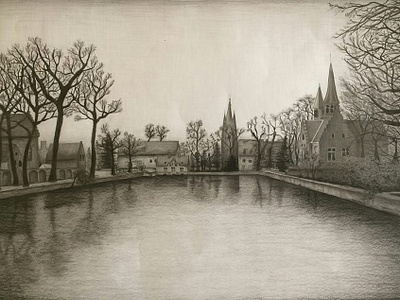 Brujas Pencil Drawing On Paper art bruges charcoal landscape pencil pencil drawing