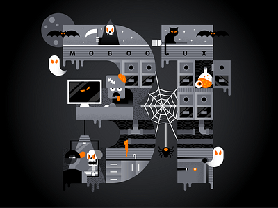 A Very MoBOOlux Halloween art black brains cat character computer creepy design eyes flat ghost gradient halloween illustration skeleton spider spooky texture vector zombie