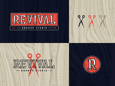 Revival Barber Studio badge barbershop design icon illustration line work logo mark memphis texture typography vector vintage