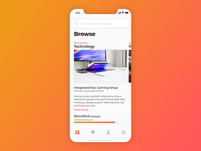 Crowdfunding - 032 card concept daily ui design feed gradient gradient design gradient ui iphonex mobile app design mobile feed mobile ui mobile ux search sketch tiles ui design
