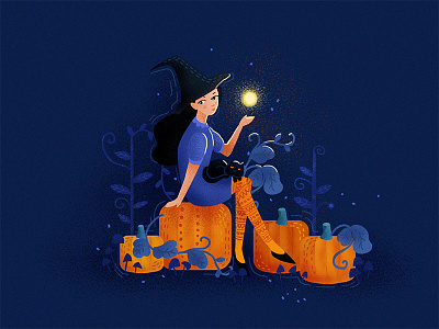 Come witch me cat flat girl halloween illustration orb pumpkin