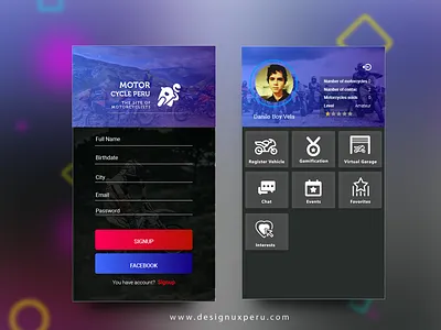 Motorcycle App Menu brand design designui designux flat flatdesign login material design materialdesign menu typography ui user ux vector