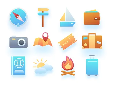 Travel icons camera compass icon map set suitcase tickets travel wallet weather