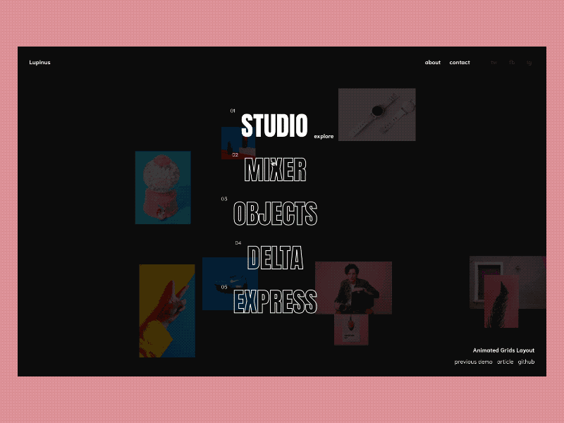 Animated Grid Previews animation css demo gif grid html javascript layout menu navigation parallax ui