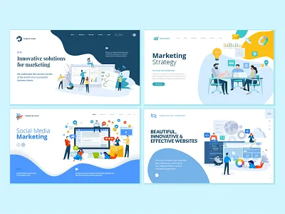 Set of web page design templates for social media and marketing business concept development flat icon illustration interface internet layout logo marketing people social media strategy teamwork technology template vector web website