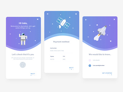 App set up app app concept app screen design fingerprint flat get started gradient gradient color illustration intro screen mobile app mobile app design onboarding onboarding screen payment payment method space ui ux