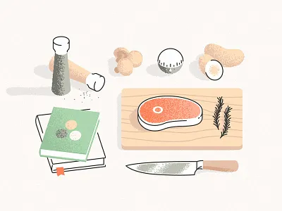 Foodie beef book chef food grain knife light meat pepper potato salt shadow table wood
