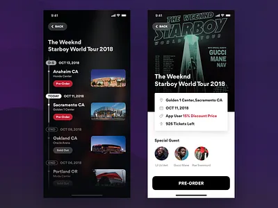 Music Album App - Tour album concert guest music pre order ticket tour ui ux