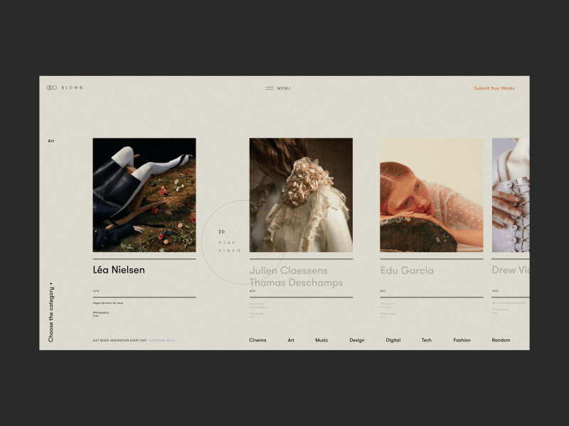 Blown Art Works and News Platform Artist Inner Page Animation anim animation art artist concept design fashion gif grid hover interaction interface models motion photo promo ui ux web website