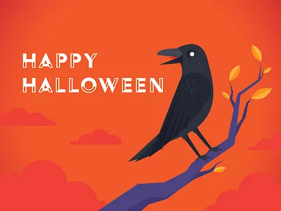 Happy Halloween, dribbble! all hallows eve bird colorful corvus corax crow design halloween illustration orange playful raven simple spooky vector