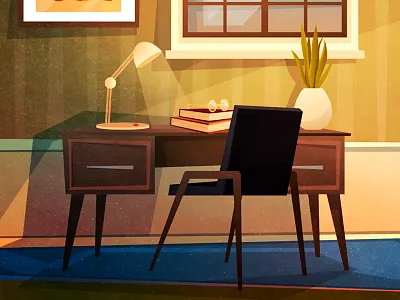 Workplace 2 2d cabinet cartoon classic cozy design home illustration interior lamp light retro room shadow style texture vector vintage work