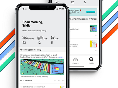 Home dashboard for mobile. app buffer buffer app flat minimal mobile app social media ui uidesign ux