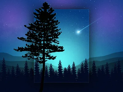 Falling Star Landscape blue falling star frame green landscape mountain night pine purple sky star tree