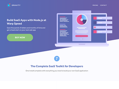 Gravity animation landing page laptop node.js purple saas sales page