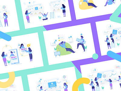 Hire friends, work together. character design flat flatdesign hero illustration landing purple teamwork ui