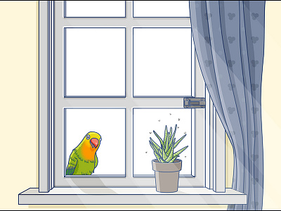 The Afternoon curtain flowerpot illustration line parrot sunshine window windowsill