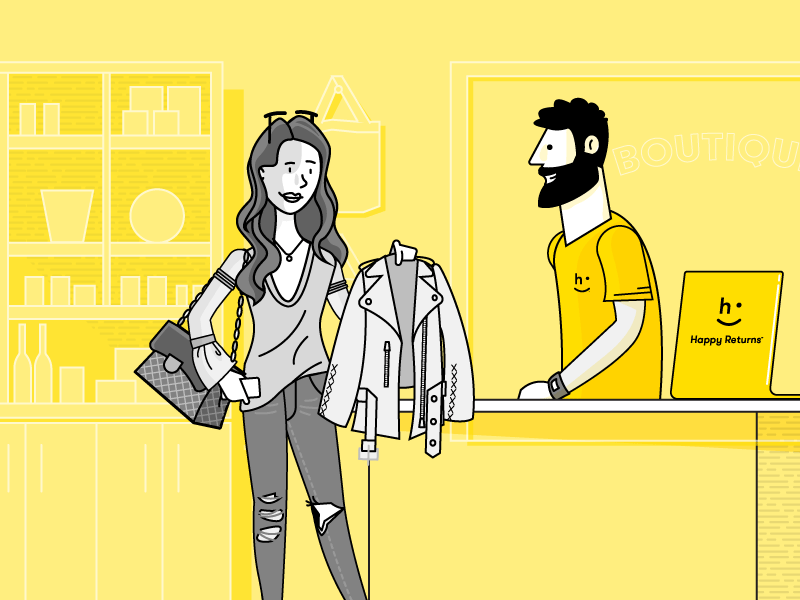 Return Bar characters clothes explainer explainer video female illustration retail service shopping technology