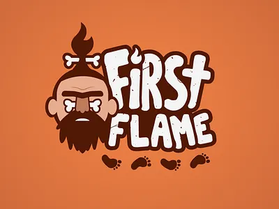 First Flame cartoon caveman dinosaur fire first flame fun game handlettered illustration logo orange rounded