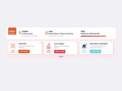 Profile Completion + Gamification cards component dashboard desktop gamification information design minimal profile ui ux ux design web