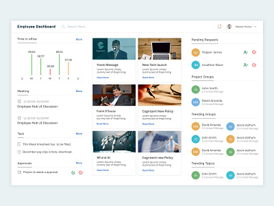 Employee Dashboard approvals card layout dashboard dashboard ui employee employee dashboard groups meetings news news feed profiles task time line user interface