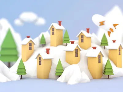 Daily exercise/03 c4d cloud hill house mountain rocket snow snowmountain tree yellow